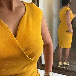 Yellow Plunge Neck Cap Sleeve Sheath Midi Dress